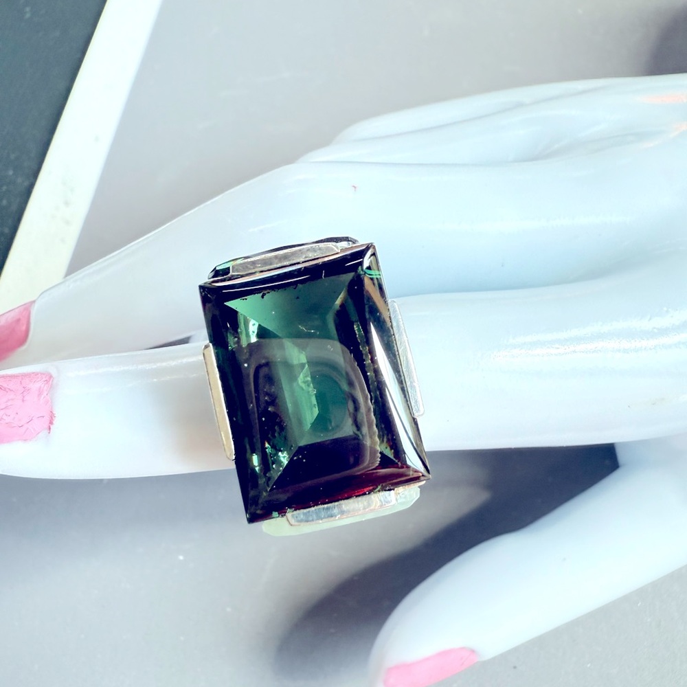 Vintage Swarovski Paris Sterling Silver Green‎ Crystal Statement Ring + box 5.5